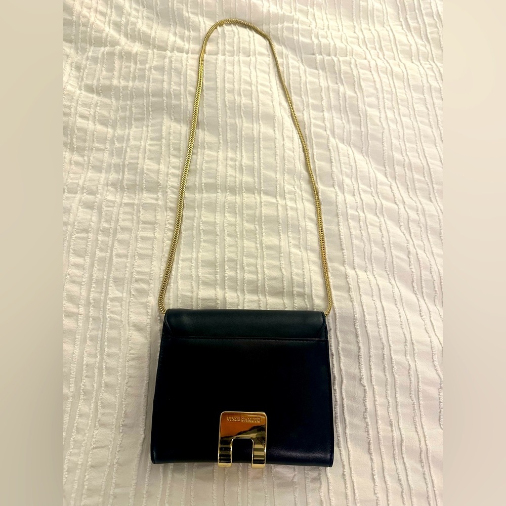 Vince Camuto Smooth Black Leather Crossbody Purse- Gold Chain & Magnetic Closure